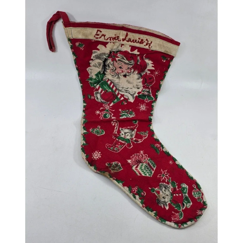 Vintage Mid Century Merry Christmas Stocking Reindeer Santa Kitten Personalized